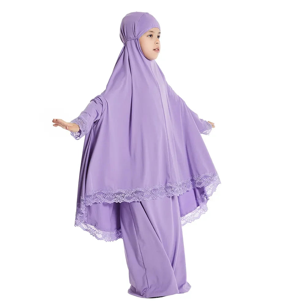 Muslim Kids Girls Hijab Dress Ramadan Khimar Skirt Set Overhead Eid Prayer Garment Burqa Abaya Robe Kaftan Hooded Gown