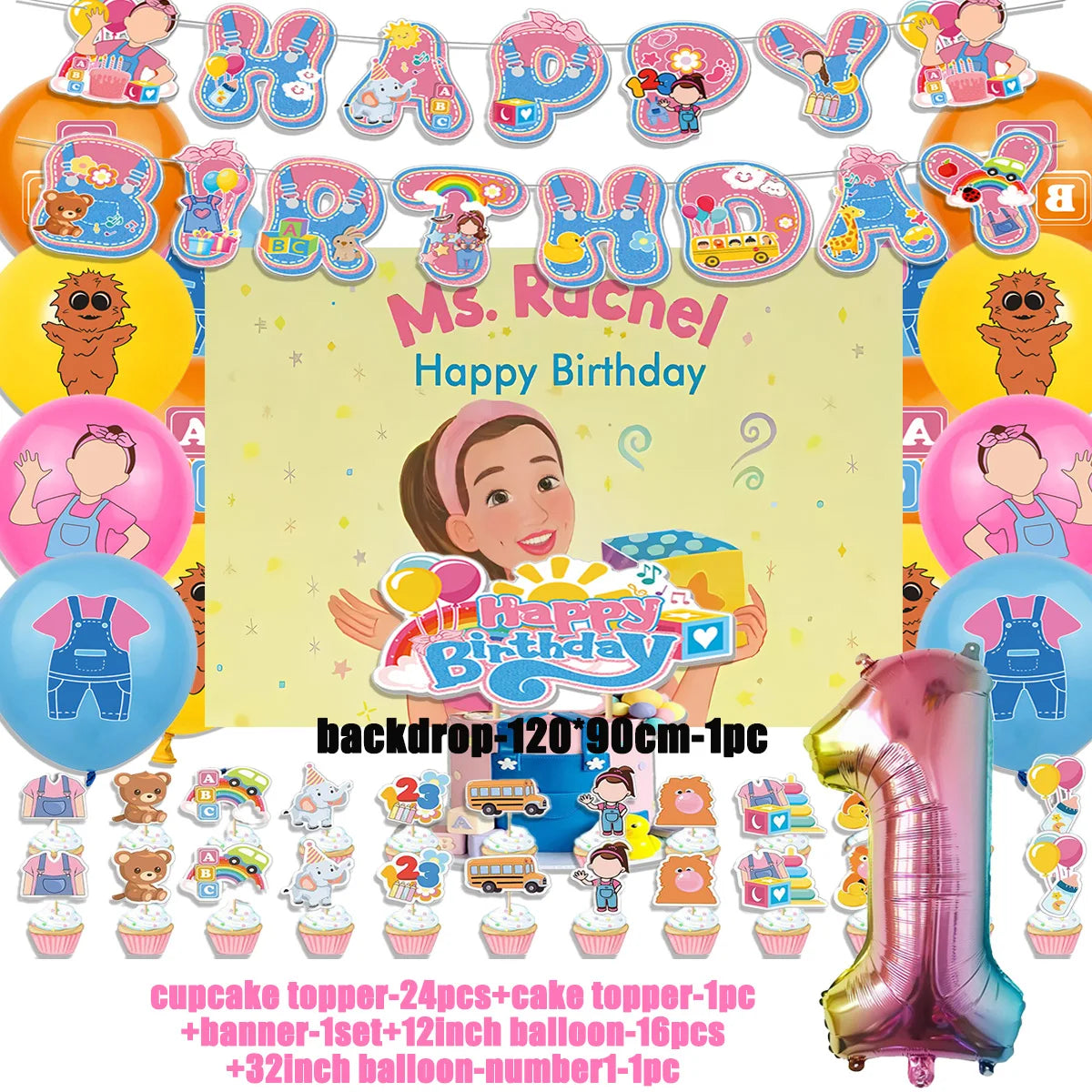 Cartoon English Teacher Theme Child Birthday Party Decor Ms&Racheled Balloon Banner Backdrops Cupcake Toppers for Kids Gifts