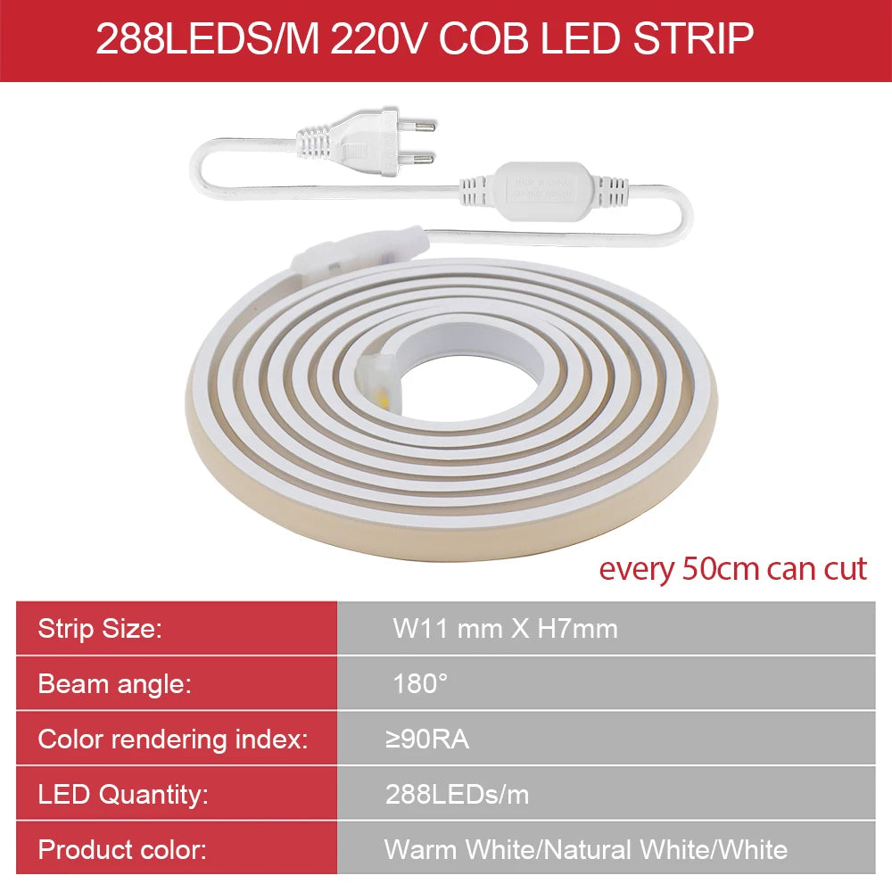 COB LED Strip Neon Light 220V EU UK Plug 288LEDs/M RA90 Flexible Tape Waterproof Led Ribbon for Kitchen Outdoor Garden Lighting