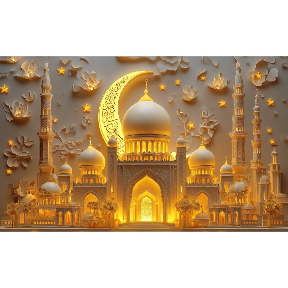Golden Moon Eid Mubarak 2025 Decor Banner Background Lights Ramadan Kareem Islamic Building Muslim House Party Photo Backdrop