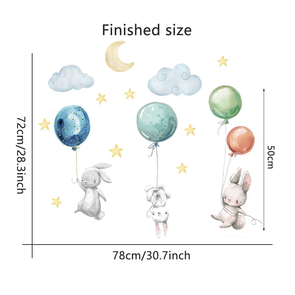 Flying Rabbits Wall Stickers Cute Lovely For Kids Balloons Moon Star Cloud Removable Decal Nursery Baby Room Decor Poster Mural