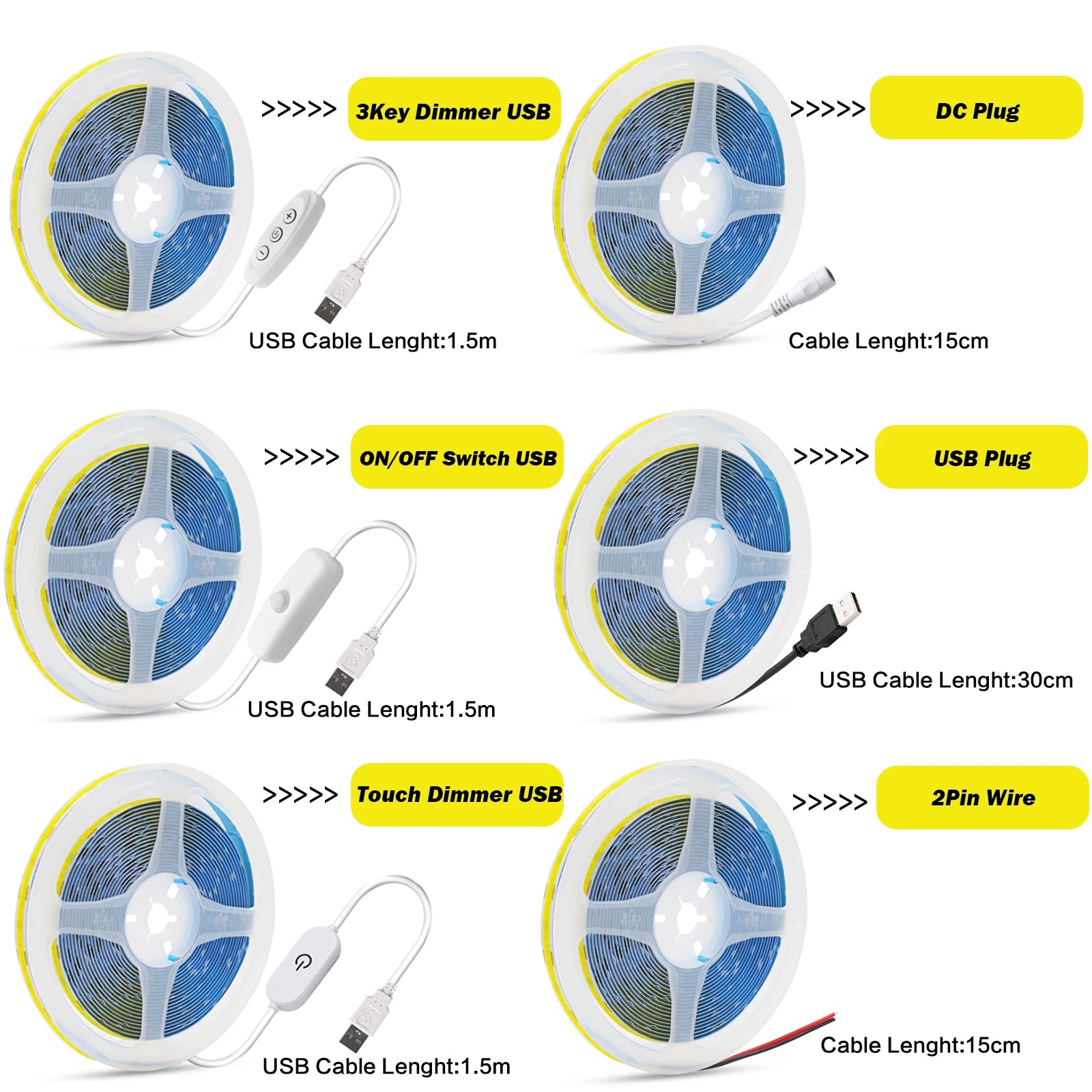 5V COB LED Light Strip With Touch Dimmer/ON OFF Switch/3Key Dimmer 320LEDs/M High Density LED Lamp Room Bar TV Backlight 9Colors