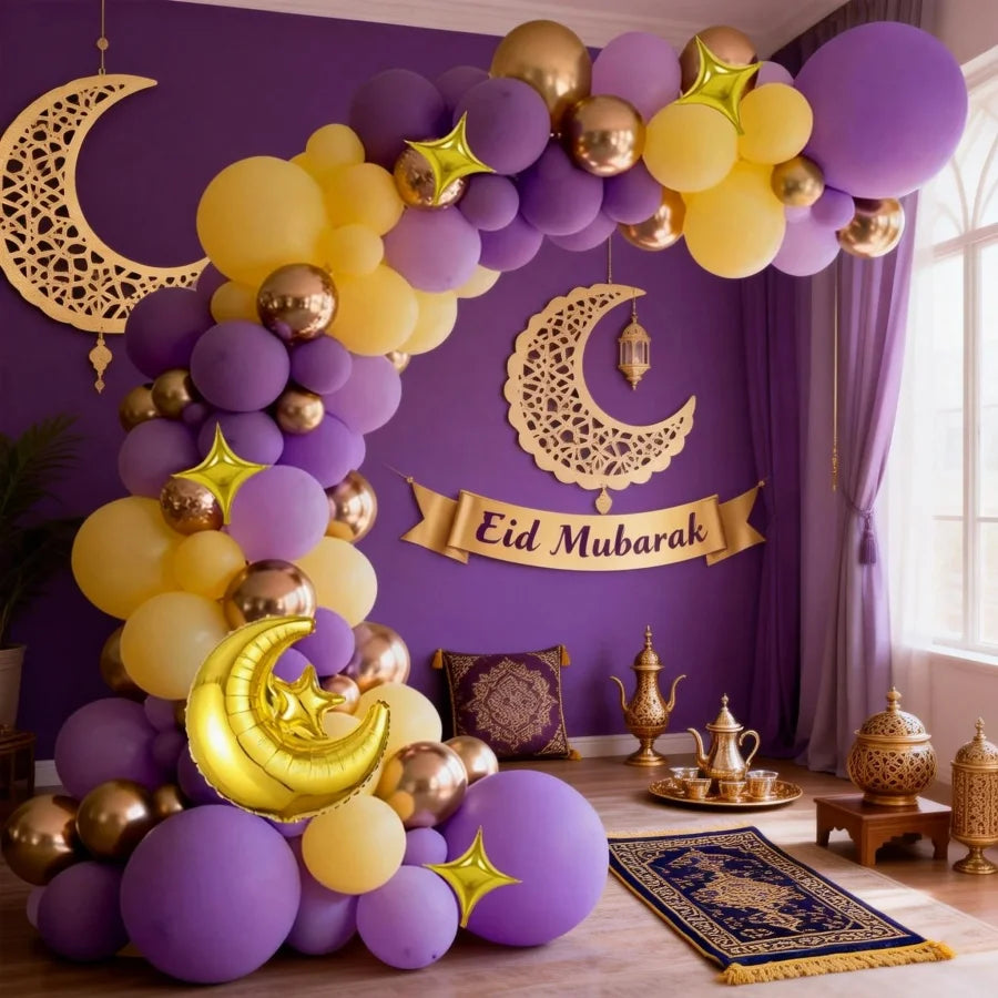 113Pcs Eid Mubarak Balloon Decoration Set Purple Yellow Gold Balloon Arch Kit with Moon Star Foil Balloons for Ramadan Eid Party