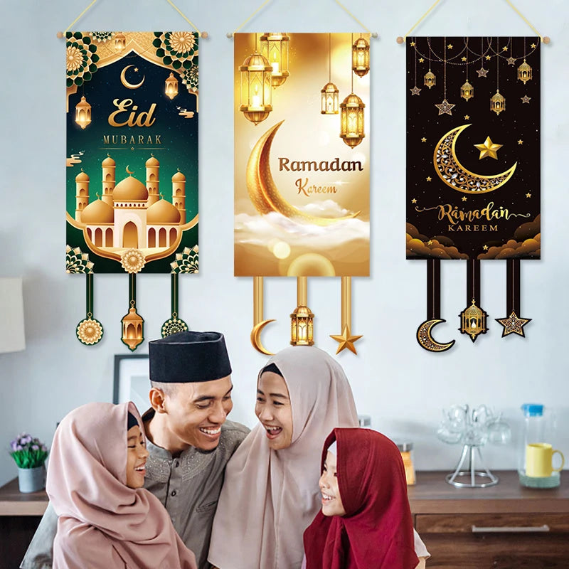 Ramadan Tableware Decorations Moon Star Party Supplies Hanging Cloth Eid Mubarak Banner Eid Plates Cups Tableware Decorations
