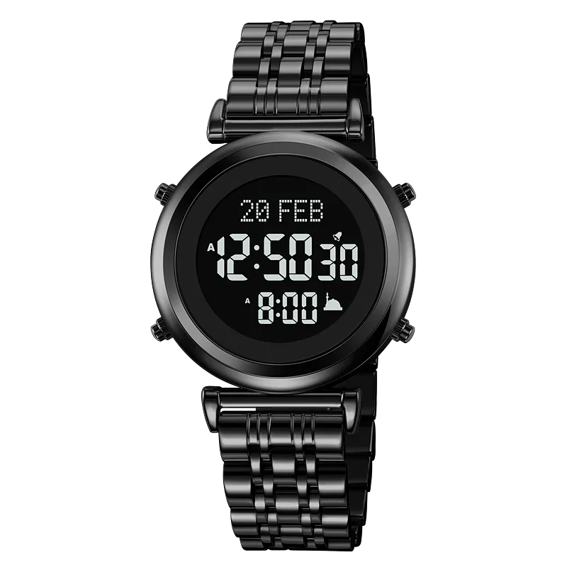 Muslim Azan Digital Watch Mens Back Light Waterproof Steel Hijri Islamic Wristwatch Prayer Qibla Compass Alarm Clock