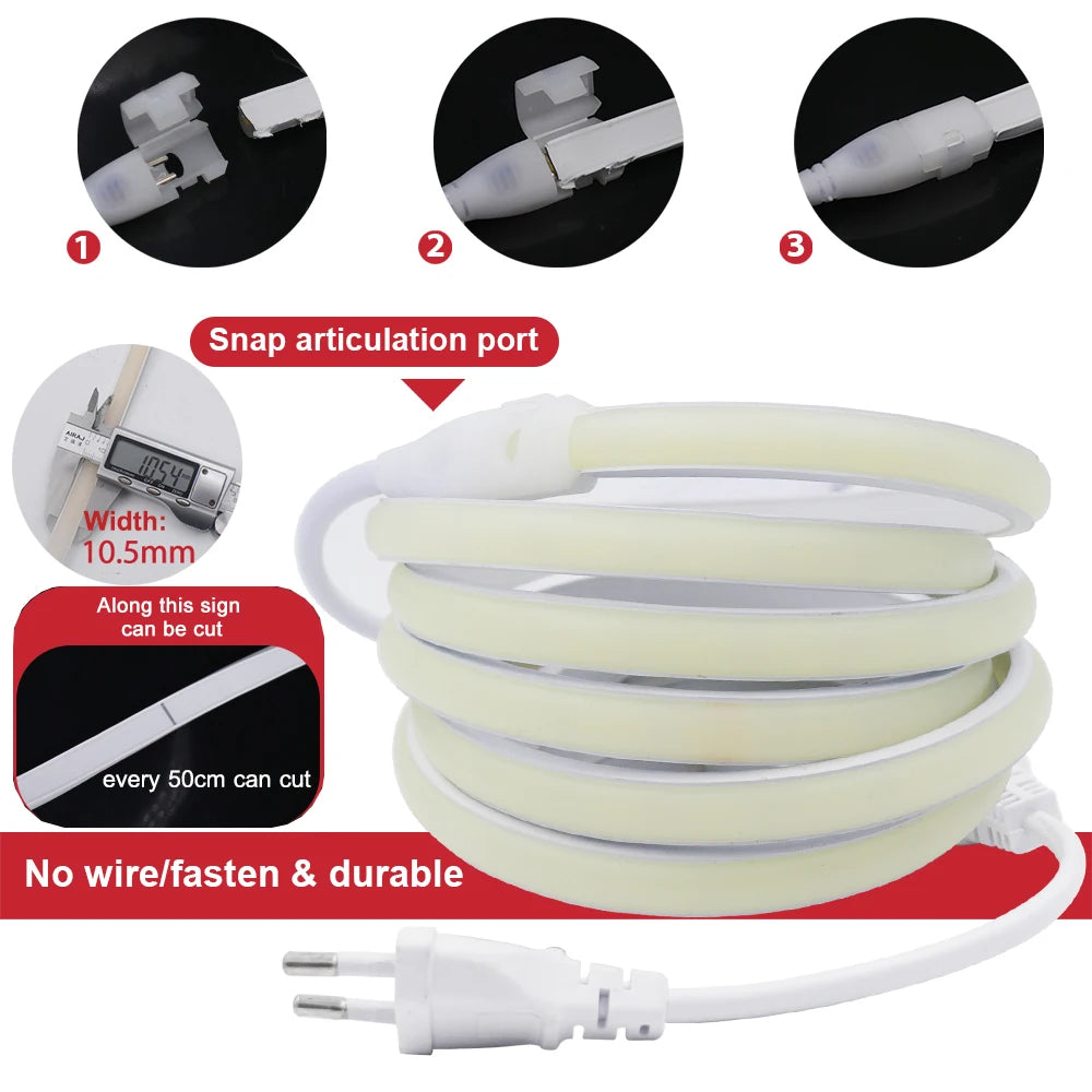 COB LED Strip Neon Light 220V EU UK Plug 288LEDs/M RA90 Flexible Tape Waterproof Led Ribbon for Kitchen Outdoor Garden Lighting