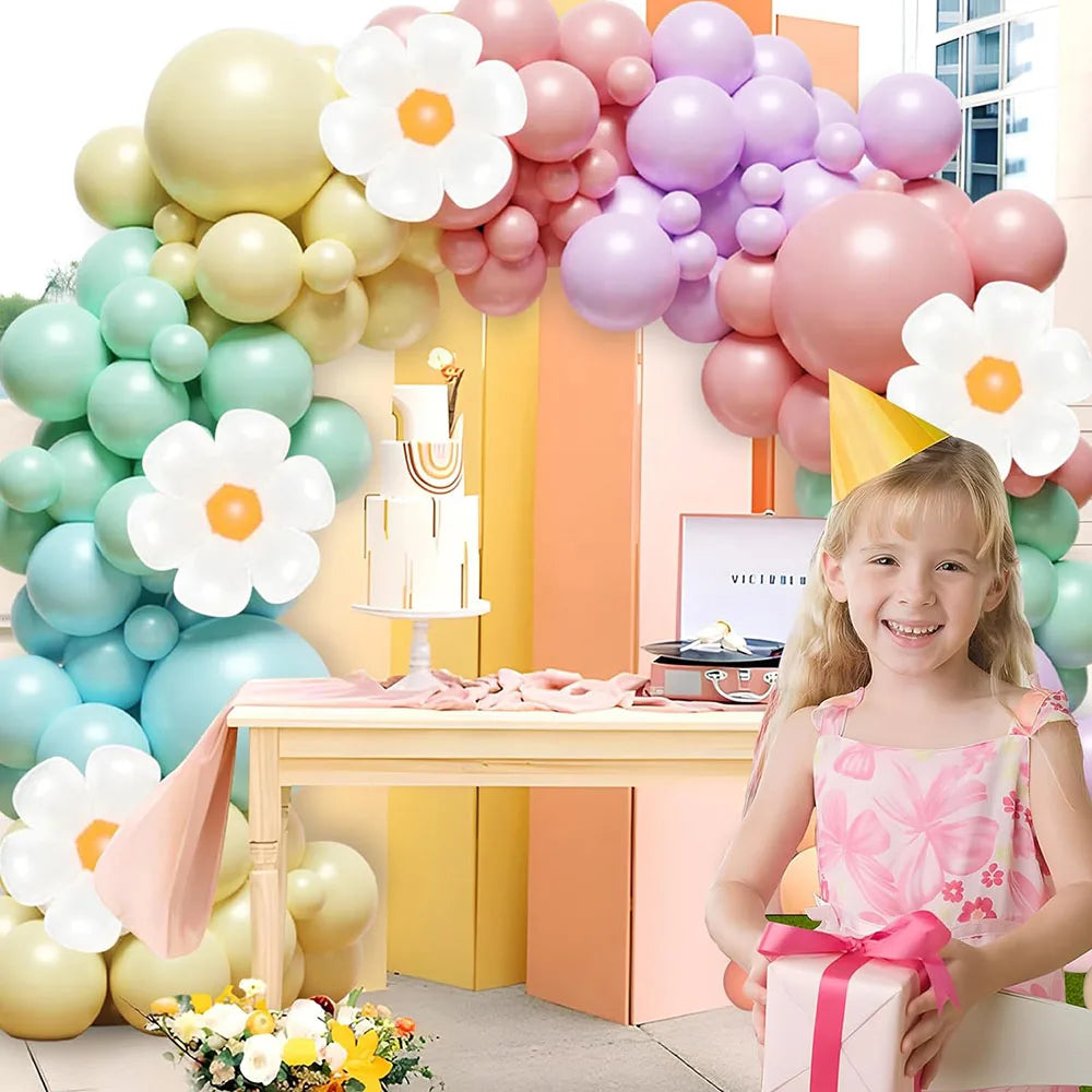 Daisy Balloon Garland Arch Set 136 Pieces White Fashionable Flowers Macaron Pink Yellow Blue Purple Balloon Birthday Daisy Theme Wedding Two Fashionable Bohemian Party Decoration