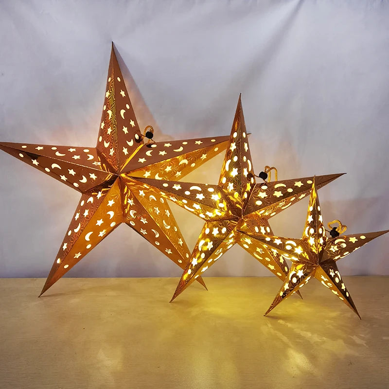 30-60cm Hollow Star Lights Eid Mubarak LED Star Lantern Pendants Ramadan Wedding Decoration Islamic Muslim Party Home Decor Gift