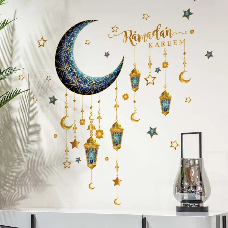 Ramadan Kareem Wall Stickers Moon Star Lantern Wall Decal 2024 Eid Mubarak Decorations for Home Muslim Islamic Party Decorations