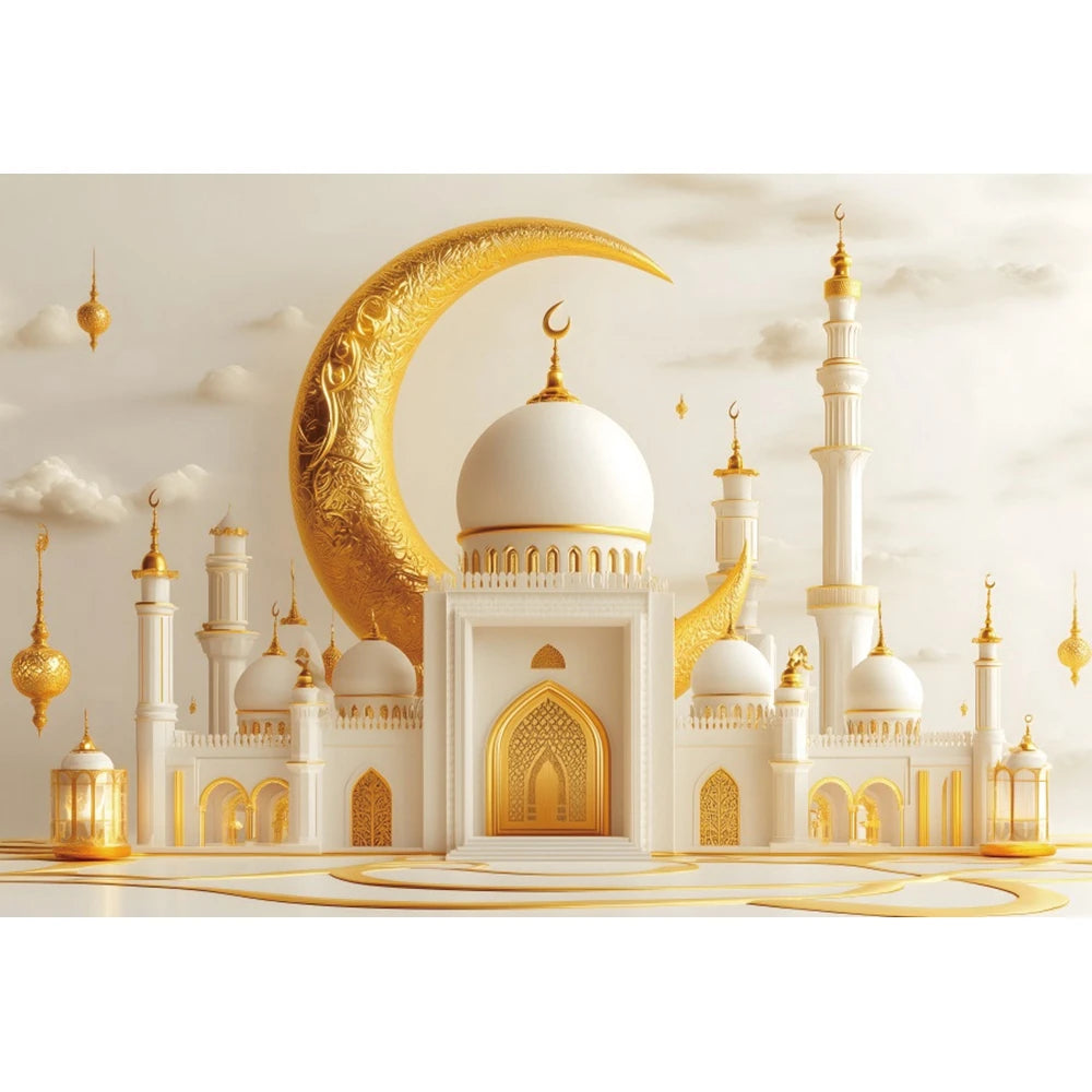Eid Mubarak Backdrop Islamic Mosque Ramadan Aladdin Moroccan Golden Moon Lantern 2026Muslim Kareem Al Fitr Festival Photo Banner