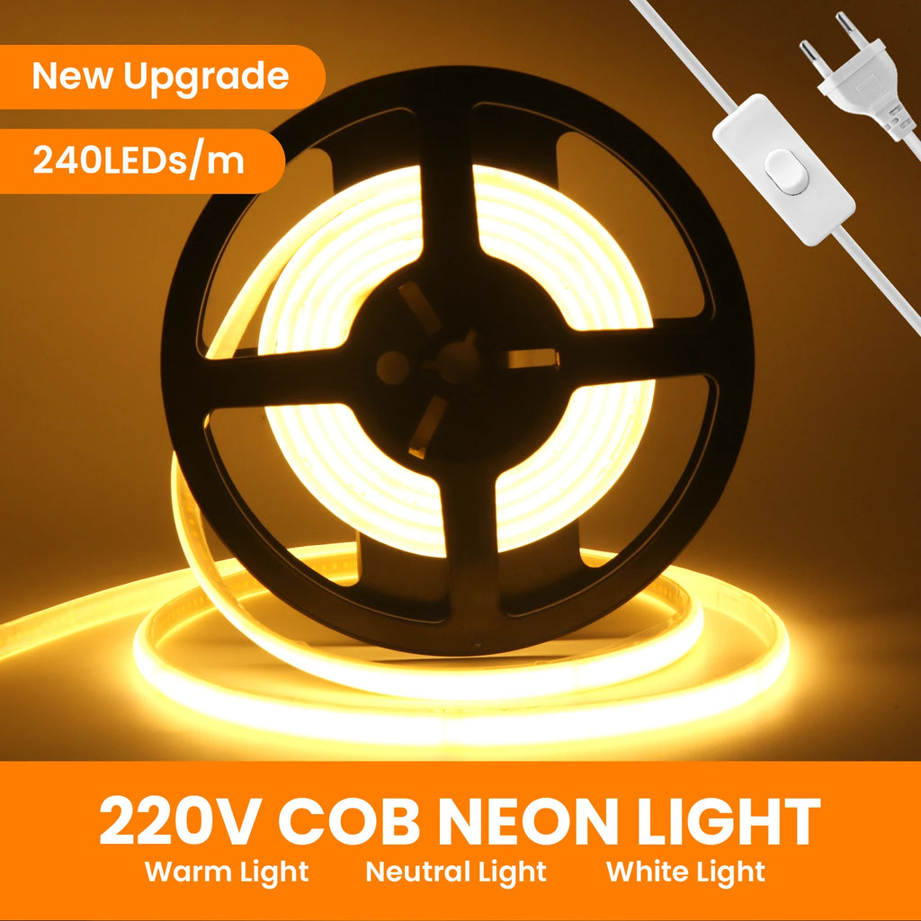 IP65 COB Self-adhesive Tape LED Neon Light Strips AC 230V RA90 Waterproof Outdoor Garden FOB Ribbon Lamp 2Pin Wire/EU Power Plug