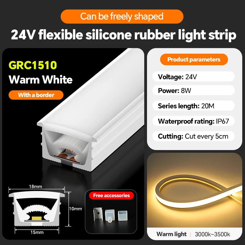 LED silicone light strip, linear light strip, embedded, 24V, waterproof, flexible, curved shape light