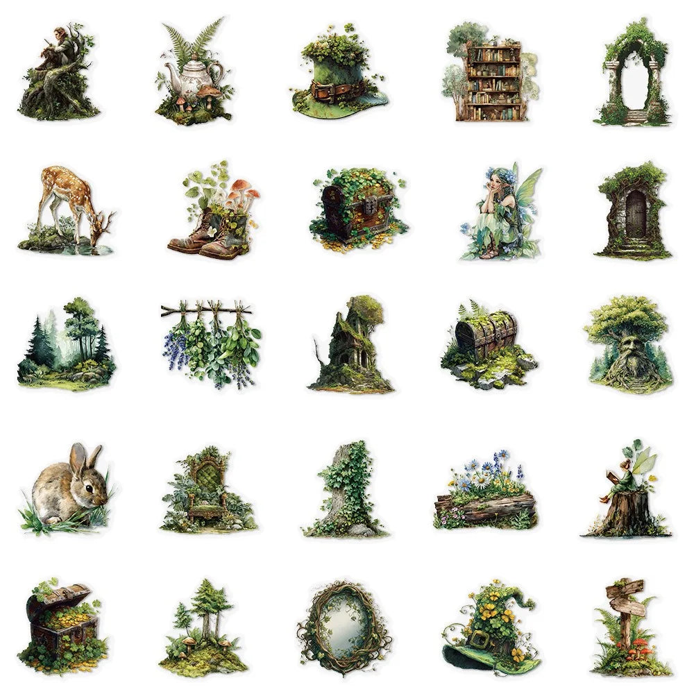 50Pcs Magic Green Forest Witch Stickers DIY Scrapbooking Diary Stationery Phone Luggage Skateboard Waterproof PET Decals