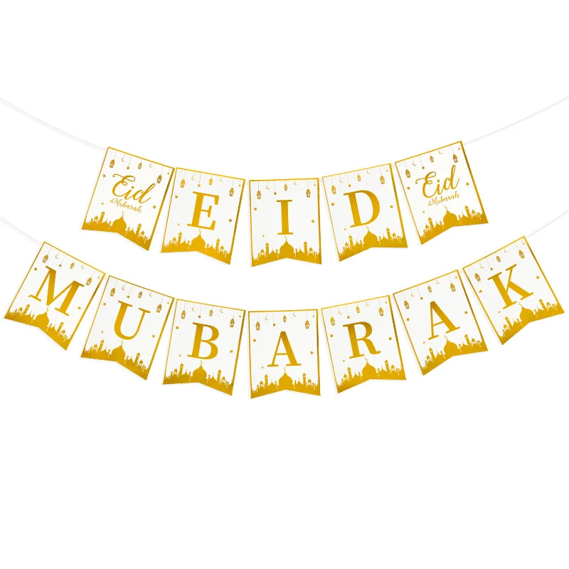 Eid Mubarak Party Tableware Set Gold Disposable Plate Cup Napkins Banner 2026 Islamic Muslim Supplies Ramadan Kareem Decorations