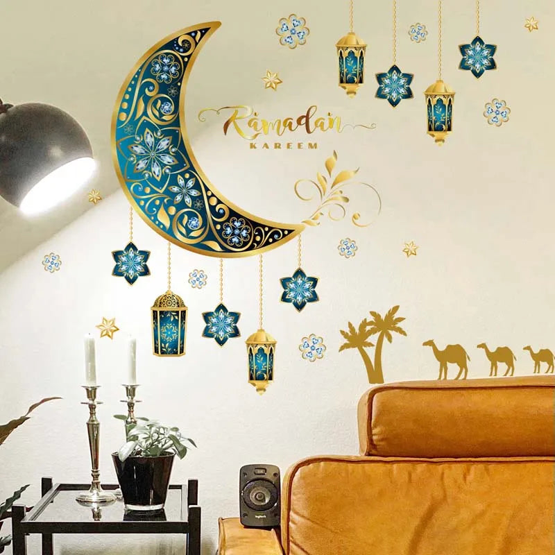 Ramadan Kareem Wall Stickers Moon Star Lantern Wall Decal 2024 Eid Mubarak Decorations for Home Muslim Islamic Party Decorations