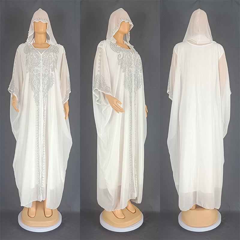 Eid Muslim Dress for Women – Hooded 2-Piece Diamond Jalabiya Kaftan