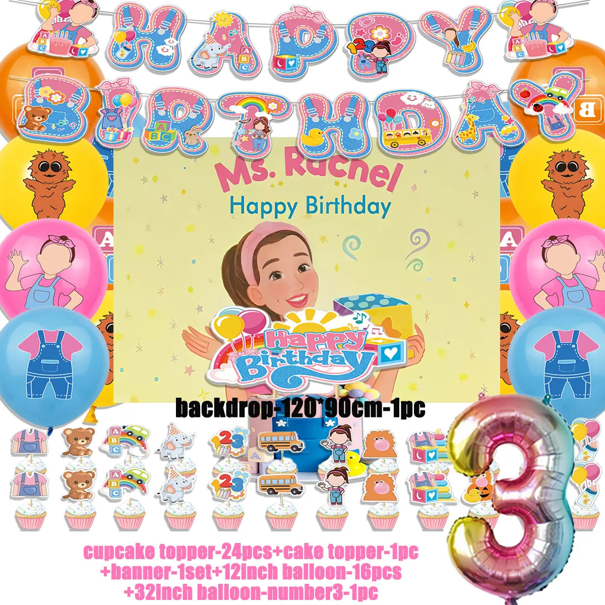 Cartoon English Teacher Theme Child Birthday Party Decor Ms&Racheled Balloon Banner Backdrops Cupcake Toppers for Kids Gifts