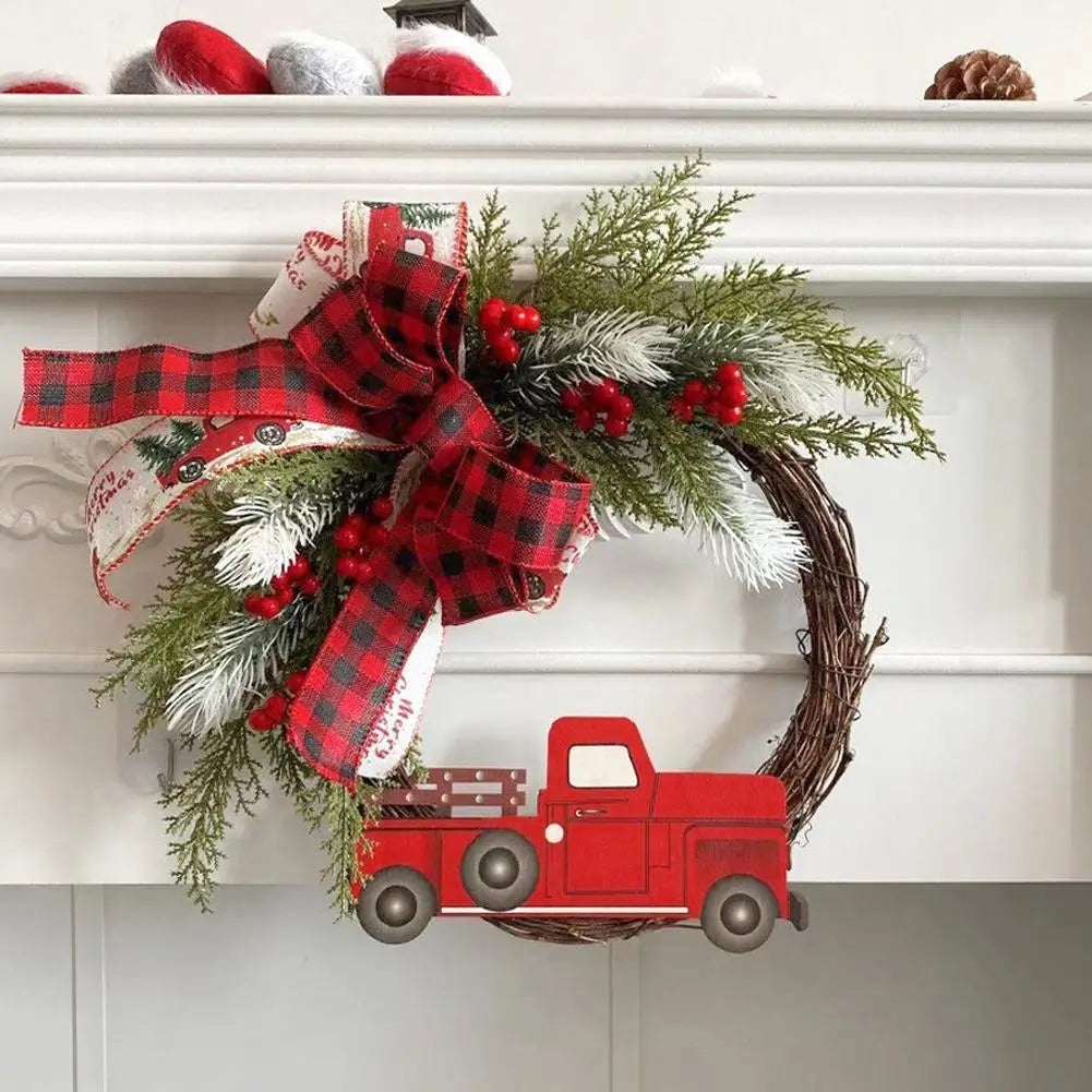 1pcs Farmhouse Christmas Wreath 35x43cm Red Truck Straw Decor Door Hanger For Home Indoor Outdoor Holiday Christmas Decoration