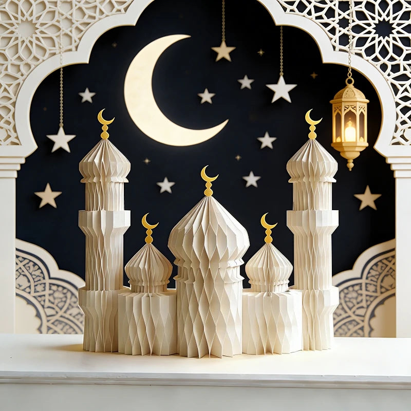 3D Honeycomb Paper Art Palace Set Ramadan Festival Party Decoration Muslim Islamic Eid Al-Fitr Desktop Ornaments Crafts Foldable