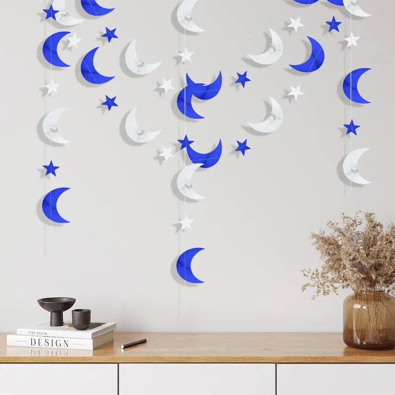 1pc Eid Mubarak Paper Garland Moon & Star Hanging Decor, Festival Wall Decoration for Ramadan Celebration, Home Decor