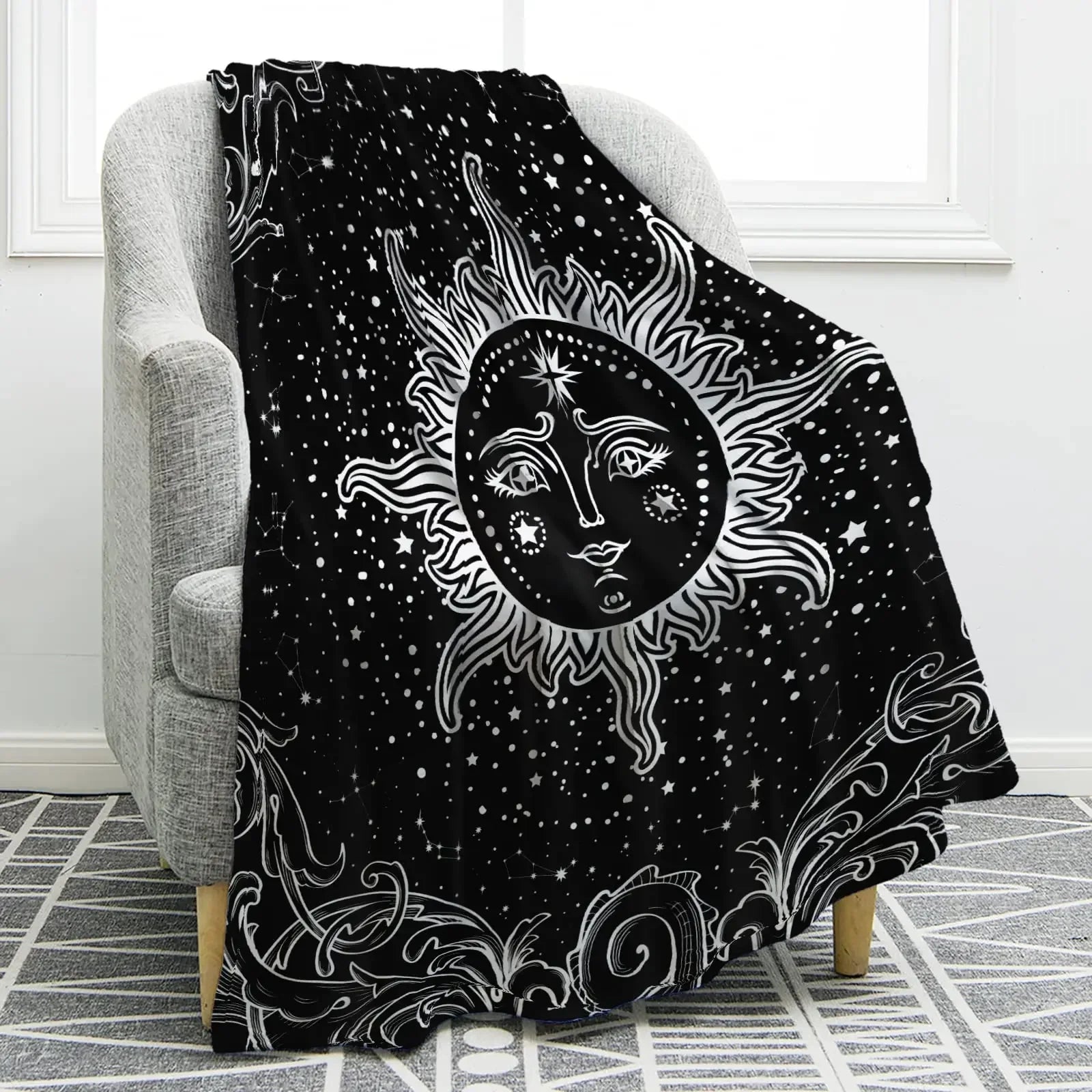 Sun Moon Blanket Star Space Psychedelic Black and White Print Throw Blanket for Couch Bed Sofa