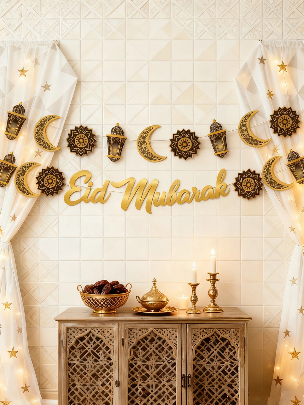 1pc Eid Mubarak Wall Hanging Golden Moon Lantern Floral Pattern Banner Festive Home Decor for Ramadan &Eid Party Decoration Gift