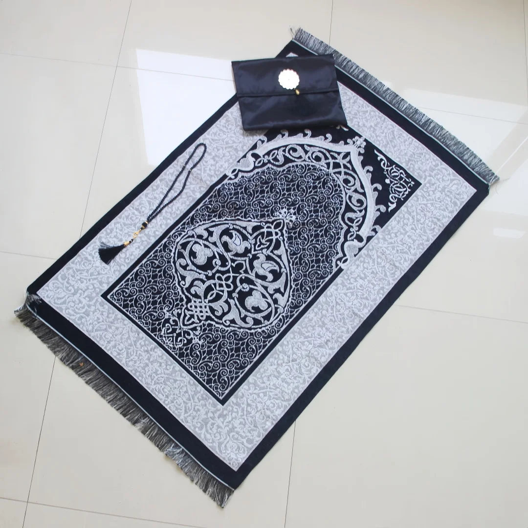 Muslim Prayer Rug and Prayer Beads with Bag Janamaz Soft Sajadah Islamic Gifts Set Portable Prayers Carpet Mat Taffeta Fabric