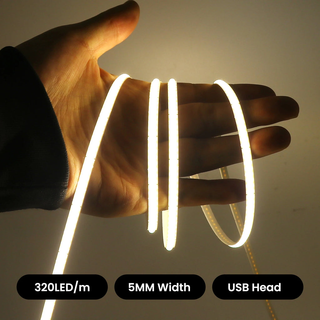 USB Dimmable COB LED Strip Light 3MM 5MM 8MM RA90 High Density 320LEDs/M 3000K 4000K 6500K FOB Flexible Ribbon Tape Rope Lamp
