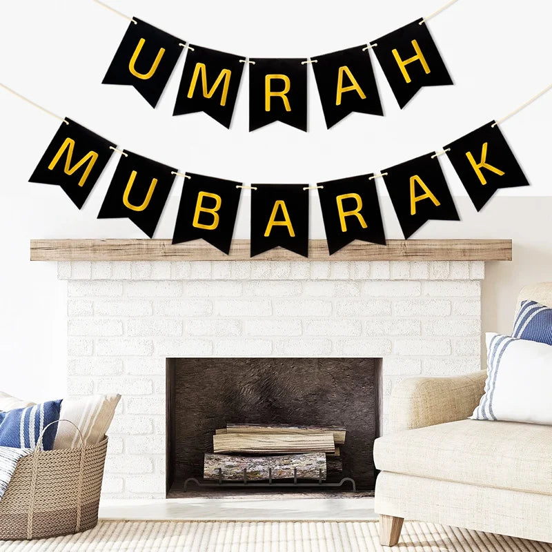 Umrah Mubarak Banners EID Mubarak Decoration 2025 for Home Bunting Banner Ramadan Kareem Islamic Muslim Party Eid Al Adha Gifts
