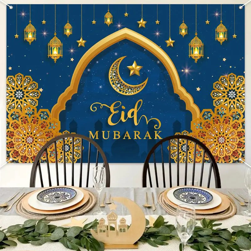 Ramadan Kareem Backdrop Photo Booth Background With Moon Star Castle Pattern Eid Mubarak Background for Backyard Al-fitr Gift