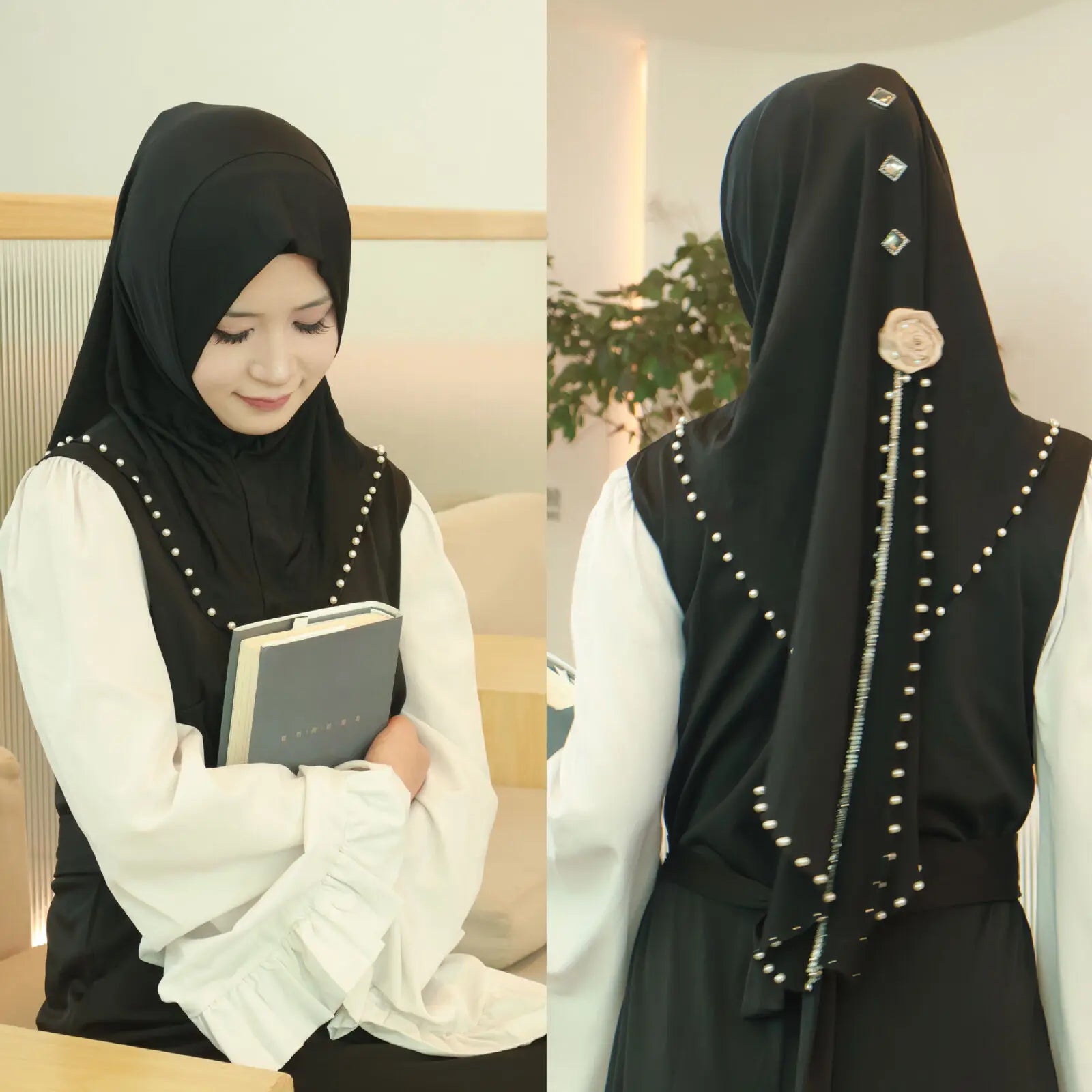 Women Fashion Beaded Headscarf Wear Directly Instant Hijab Arab Islamic Khimar Laides Shawls Eid Ramadan Turban