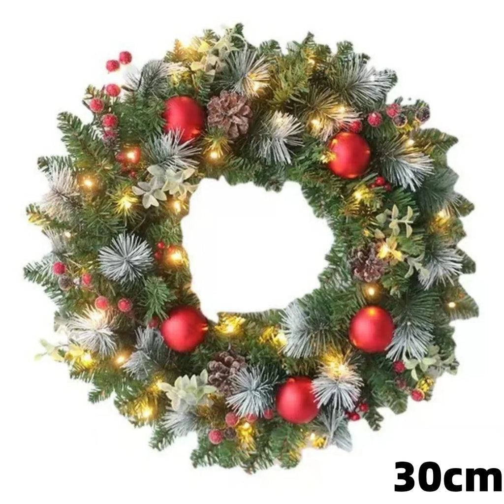 Christmas Wreaths For Front Door With String Lights 35/40cm Christmas Door Wreath With Artificial Pinecone Red Berry Home Decor