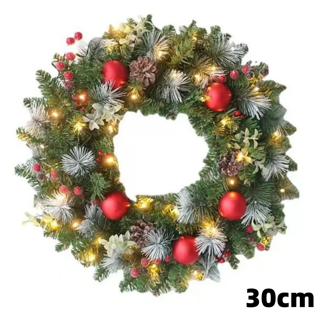 Christmas Wreaths For Front Door With String Lights 35/40cm Christmas Door Wreath With Artificial Pinecone Red Berry Home Decor