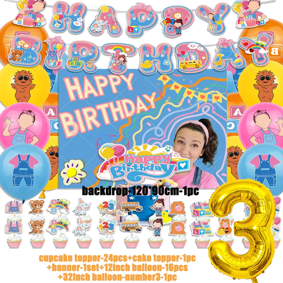 Cartoon English Teacher Theme Child Birthday Party Decor Ms&Racheled Balloon Banner Backdrops Cupcake Toppers for Kids Gifts