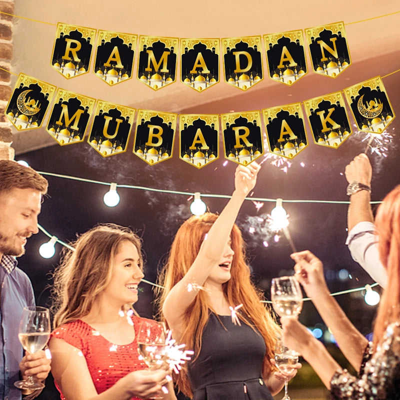 Eid Mubarak Paper Banner Garland 2026 Ramadan Moon Star Mosque Hanging Swirl Home Decoration Ornaments Islamic Muslim Party Gift