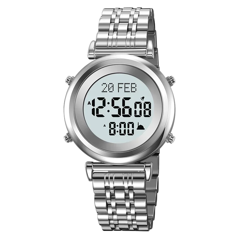 Muslim Azan Digital Watch Mens Back Light Waterproof Steel Hijri Islamic Wristwatch Prayer Qibla Compass Alarm Clock