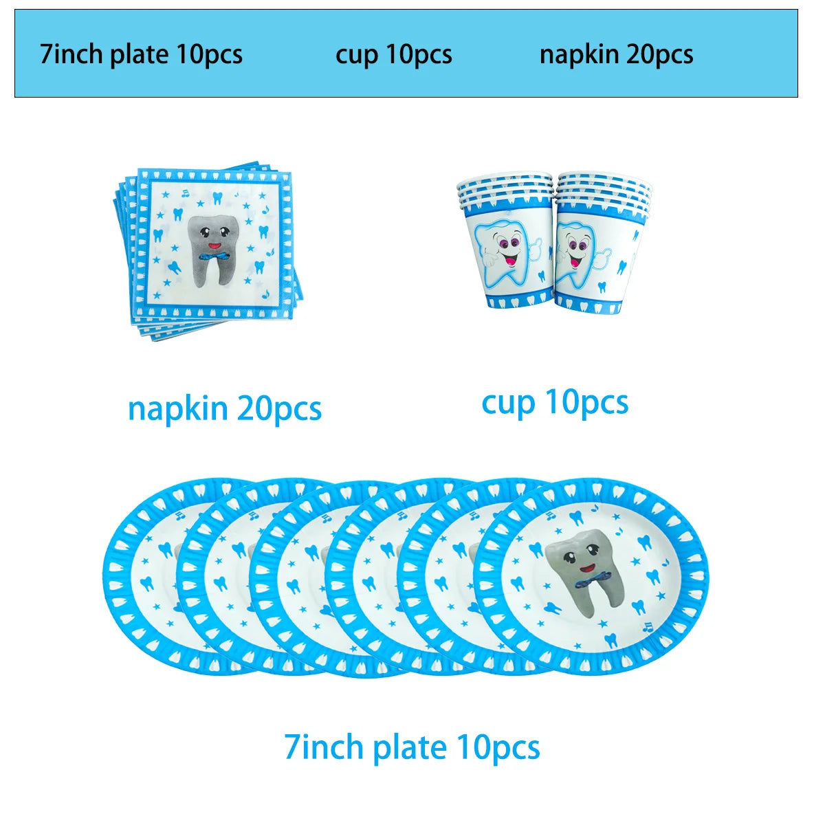 Blue My First Tooth Theme Birthday Party Decorations Disposable Tableware Balloon Banner Cake Toppers Kid Boys Baby Shower Gifts