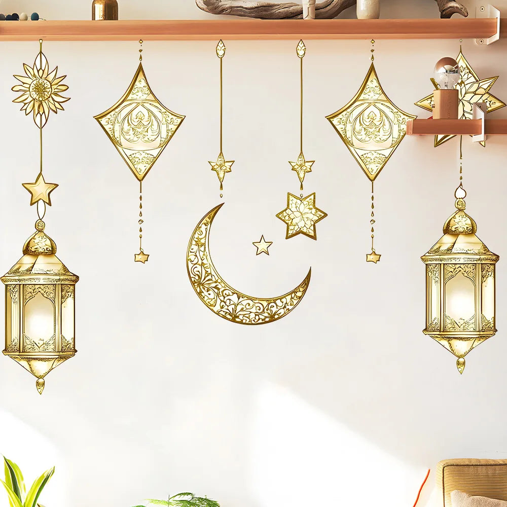 Eid Mubarak Wall Stickers Star Moon Lantern Ramadan Kareem Wall Decals Muslim Islamic Window Sticker Decorations