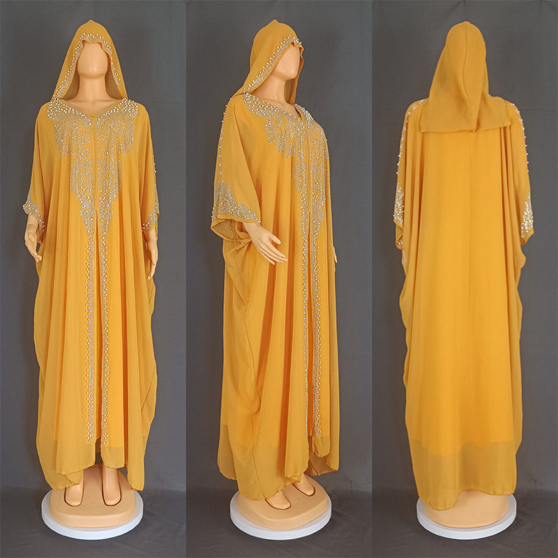 Eid Muslim Dress for Women – Hooded 2-Piece Diamond Jalabiya Kaftan