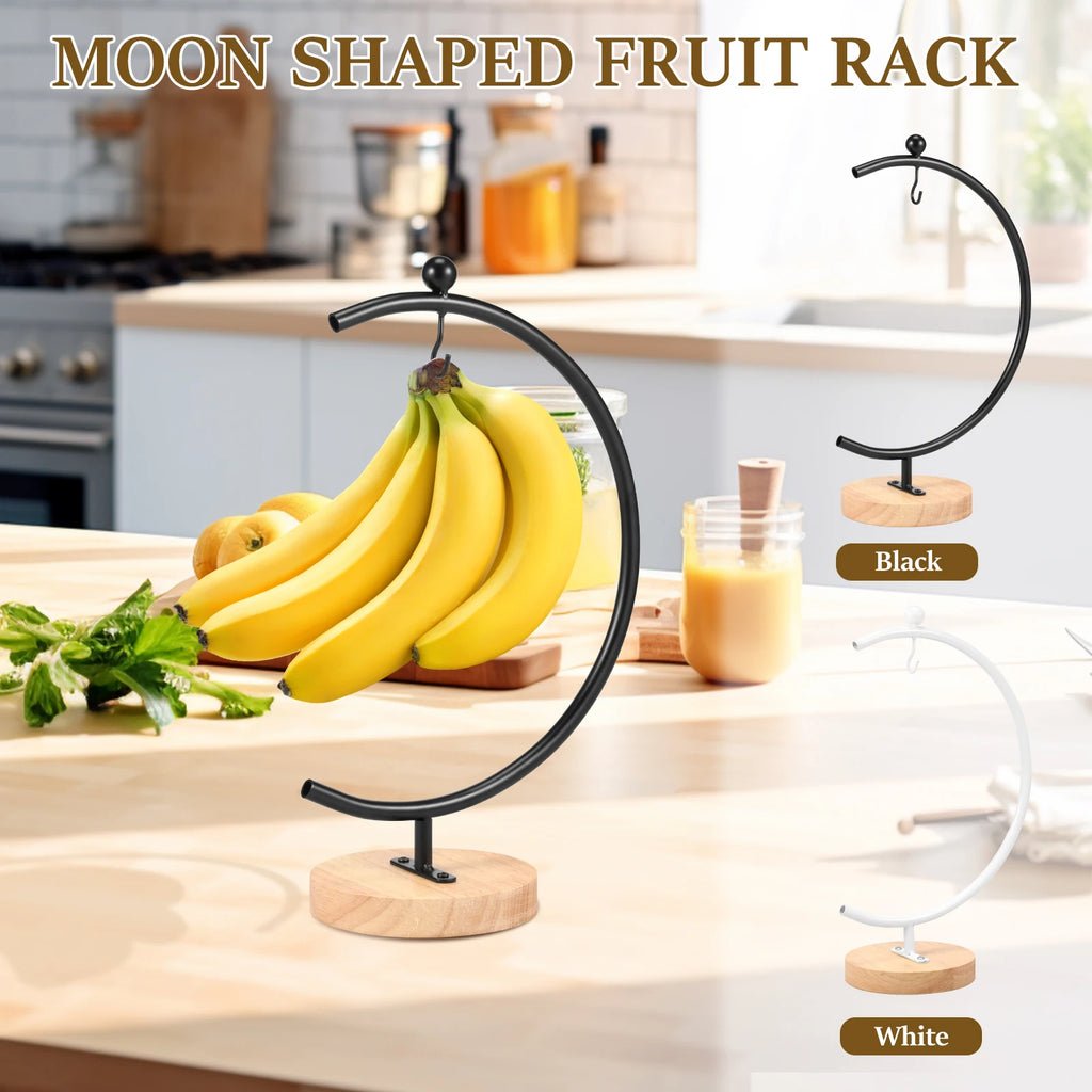 Banana Holder Stand Moon Shape Banana Hanger Rack Metal Fruit Hanger with Wood Base Stable Banana Hanger Stand Decorative