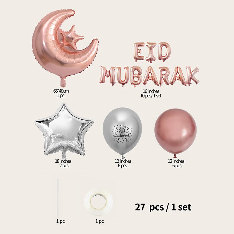 27pcs Eid Mubarak Balloons Decoration 2025 Muslim Hajj Decor Ramadan Kareem Festival Banner Star Moon Foil Balloon