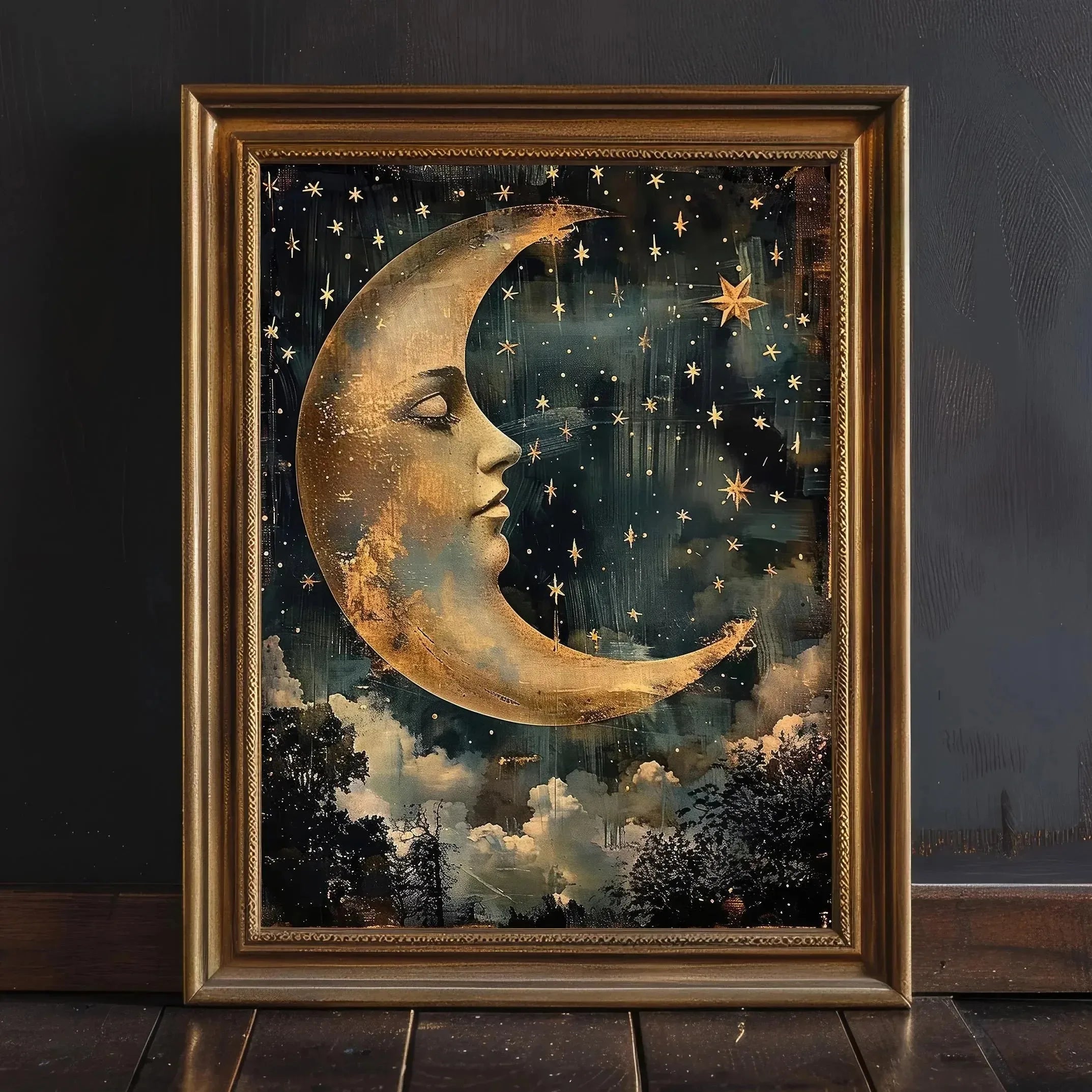 1pc Crescent Moon in Starry Night Sky Folk Art Floral Moon Stars Canvas Print Eclectic Decor Vintage Nature Wall Art Moody Decor