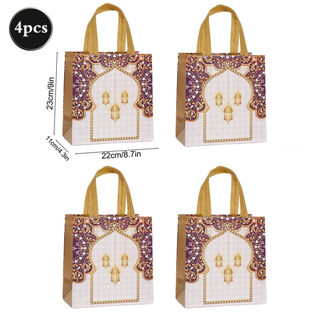 Eid Mubarak Non-Woven Gift Bags with Handles Ramadan Kareem Party Favor Bags for Treats Dates Mosque Pattern Colorful Goodie Bag
