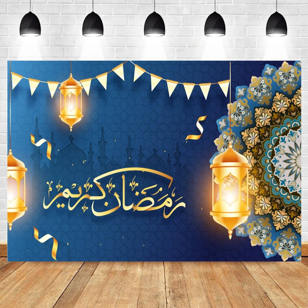 Ramadan Kareem Backdrop Eid Mubarak Party Lantern Flower Moon Islamic Family Party Photography Background Decor Banner Poster