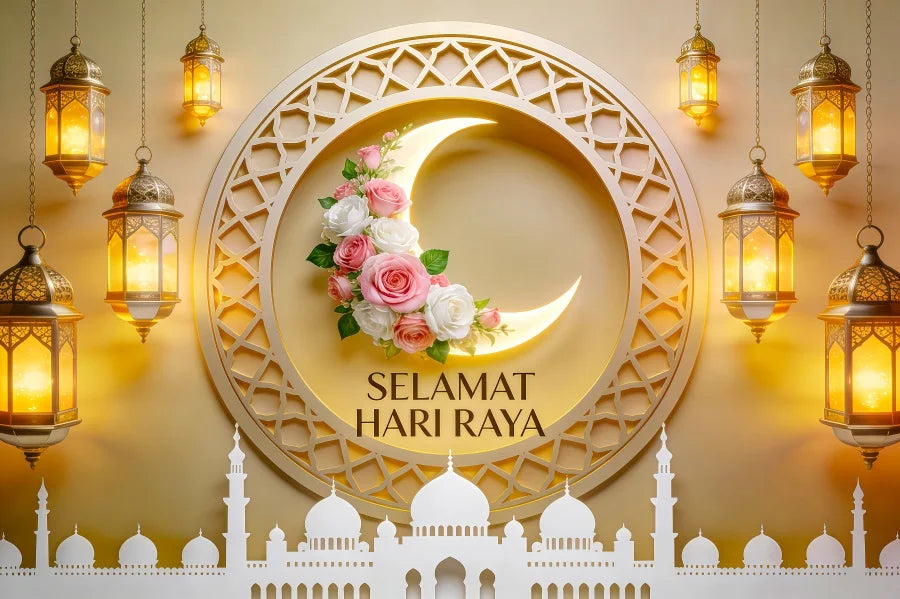 Eid Mubarak Hari Raya Theme Backdrop Islamic Architecture Crescent Moon Gold Decor For Festival Celebration Photo Booth Gift Pos