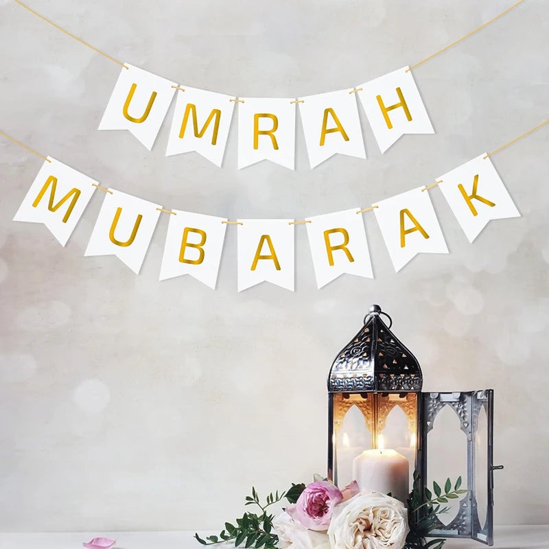 Umrah Mubarak Banners EID Mubarak Decoration 2025 for Home Bunting Banner Ramadan Kareem Islamic Muslim Party Eid Al Adha Gifts