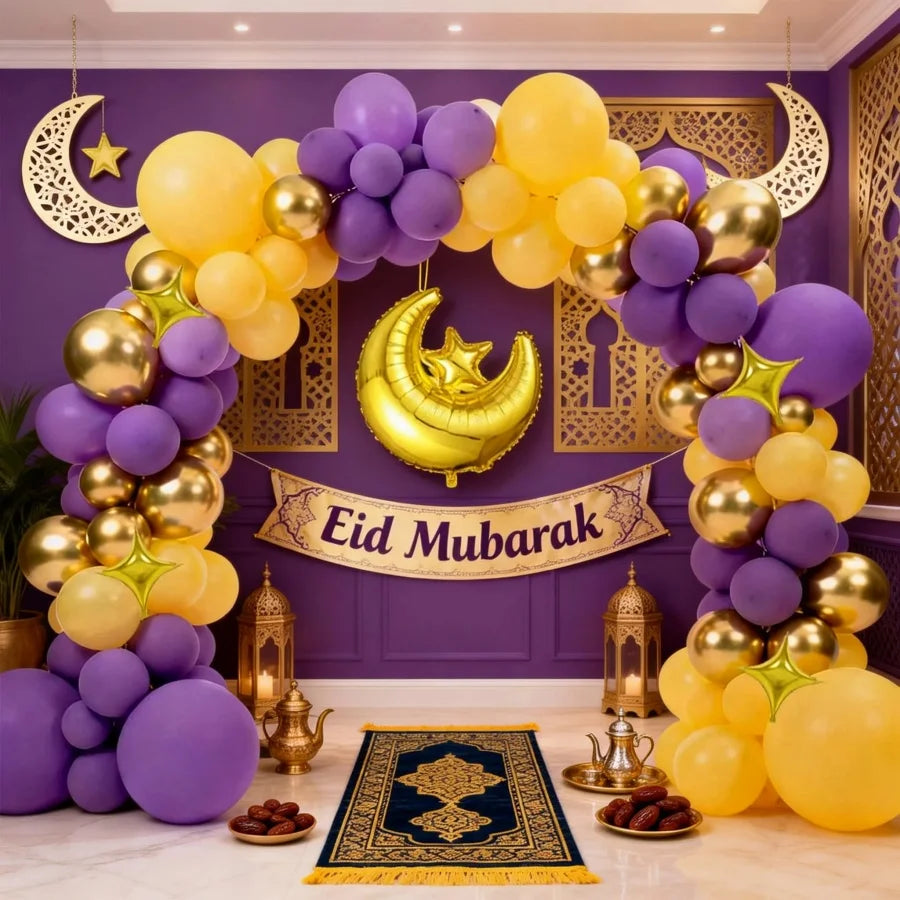113Pcs Eid Mubarak Balloon Decoration Set Purple Yellow Gold Balloon Arch Kit with Moon Star Foil Balloons for Ramadan Eid Party