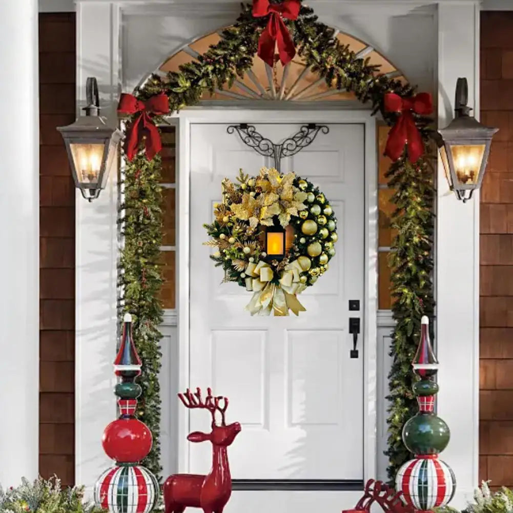 Flower Bow Ball Christmas Wreath With Oil Lamp Navidad Party Wedding Door Window Wall Fireplace Staircase Balcony Decoration