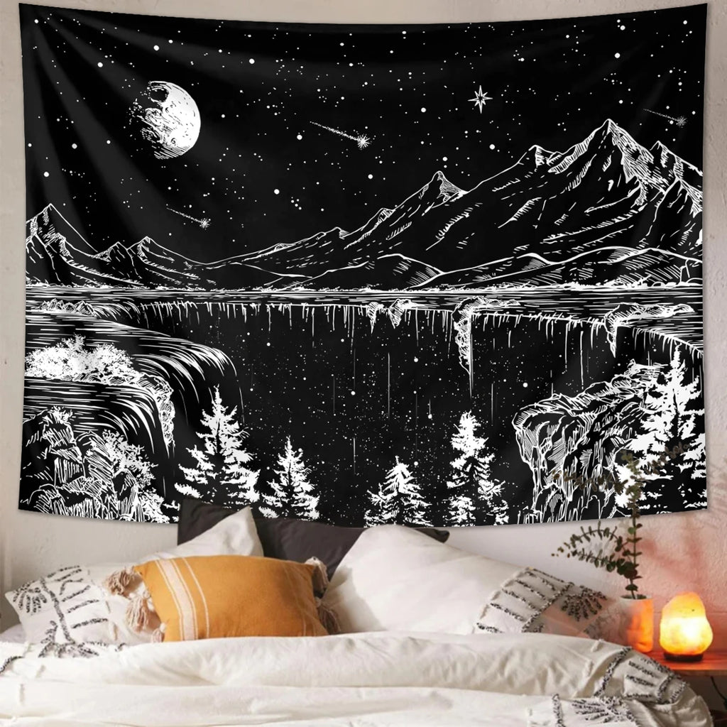 1pc Black and white abstract landscape tapestry, starry night mountain tapestry, bedroom aesthetic moon and star tapestry
