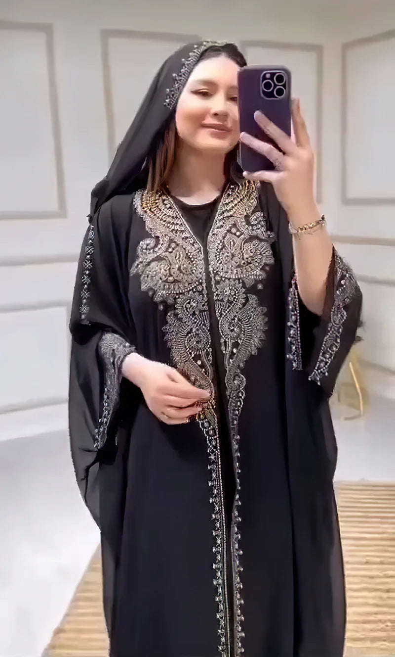 Eid Muslim Dress for Women – Hooded 2-Piece Diamond Jalabiya Kaftan
